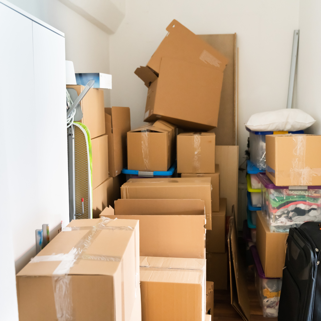 storage closet full of cardboard boxes