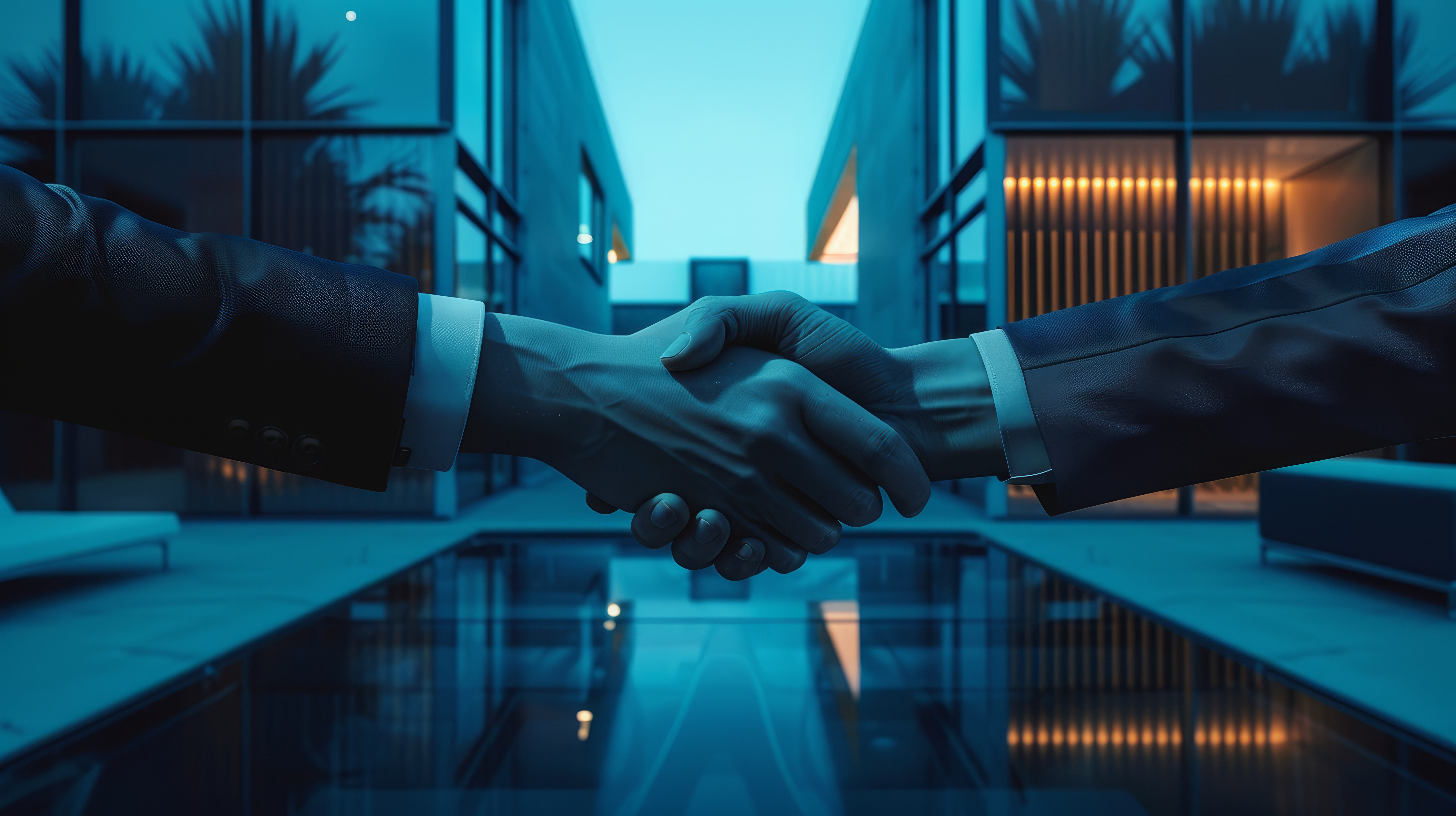 Two businessmen shaking hands in front of a luxurious modern residence.