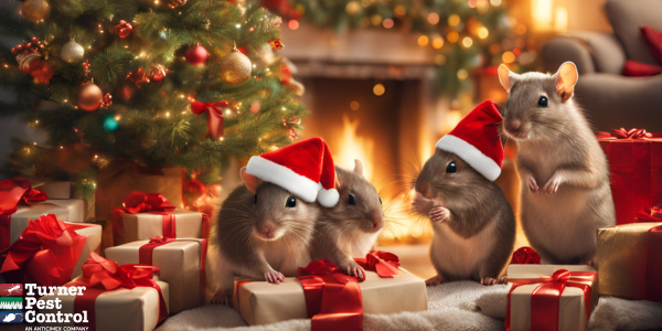 alt="mice wearing santa hats at a christmas tree for the holidays"