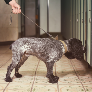 A trained k-9 sniff out a cabinet. 