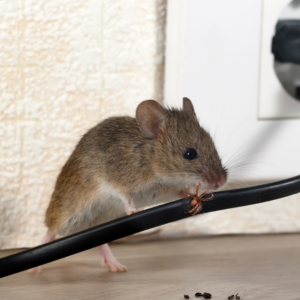 A mouse chews through a wire inside of a home. 