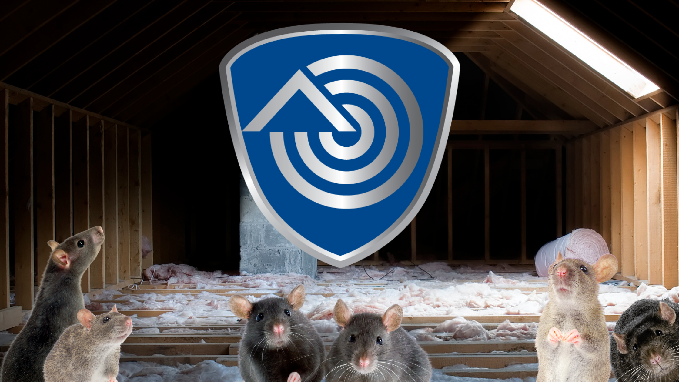 Rodents gather in the attic of a home with Turner Pest Control's SMART system shield logo.