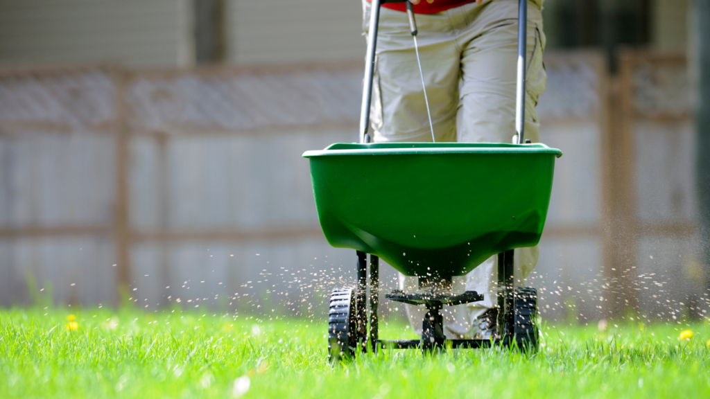 A fertilizer treatment is dispersed across a lawn.