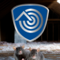 Rodents gather in the attic of a home with Turner Pest Control's SMART system shield logo.